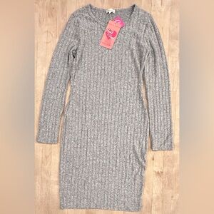 Heart Hips V-Neck Ribbed Sweater Dress in Gray